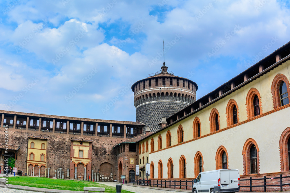 Sforza Castle (Castello Sforzesco), a castle in Milan, Italy. It was built in the 15th century by Francesco Sforza, Duke of Milan in Milan, Italy.