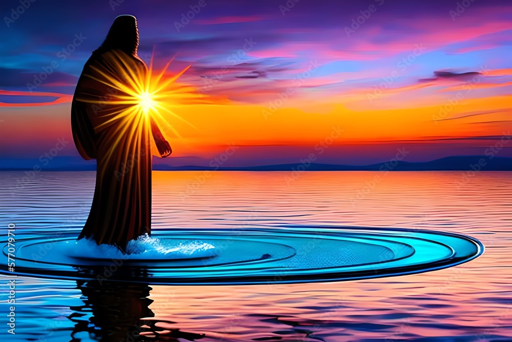 Stained glass of The figure of Jesus walks on water on a beautiful
