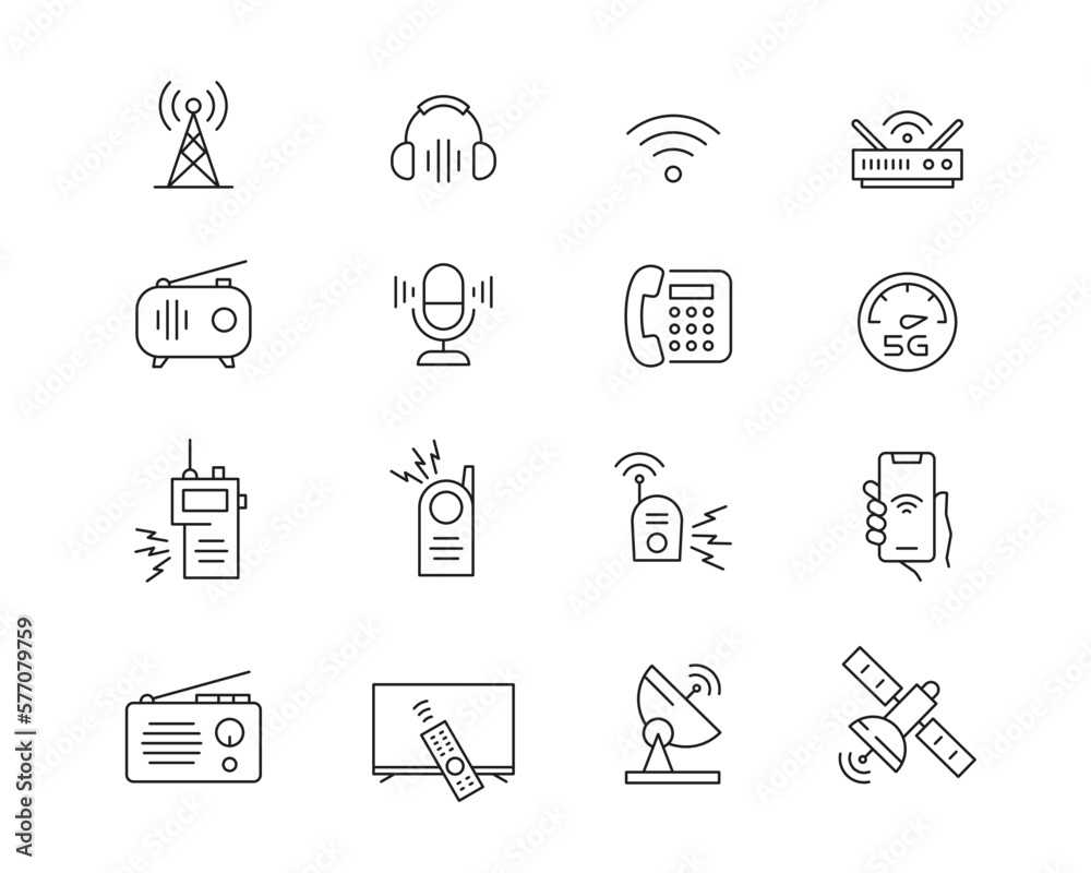 Communications Icon collection containing 16 editable stroke icons. Perfect for logos, stats and infographics. Change the thickness of the line in Adobe Illustrator (or any vector capable app).
