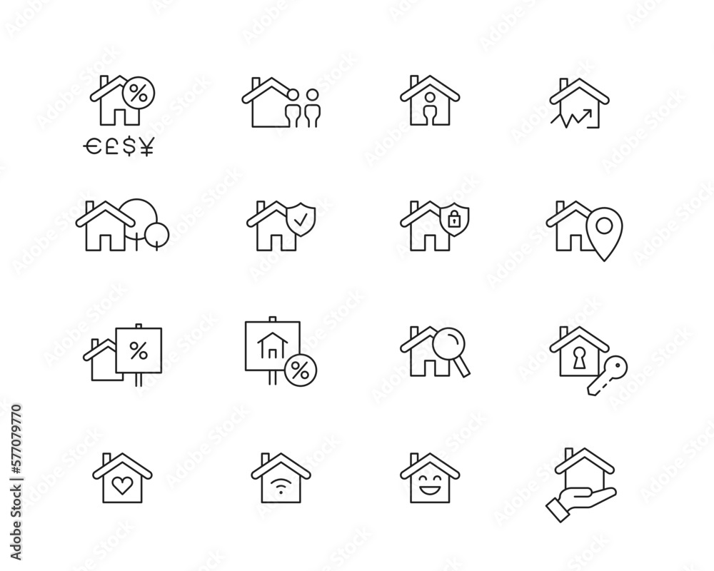 Housing Icon collection containing 16 editable stroke icons. Perfect for logos, stats and infographics. Change the thickness of the line in Adobe Illustrator (or any vector capable app). Housing Icon collection containing 16 editable stroke icons. Perfect for logos, stats and infographics. Change the thickness of the line in Adobe Illustrator (or any vector capable app).