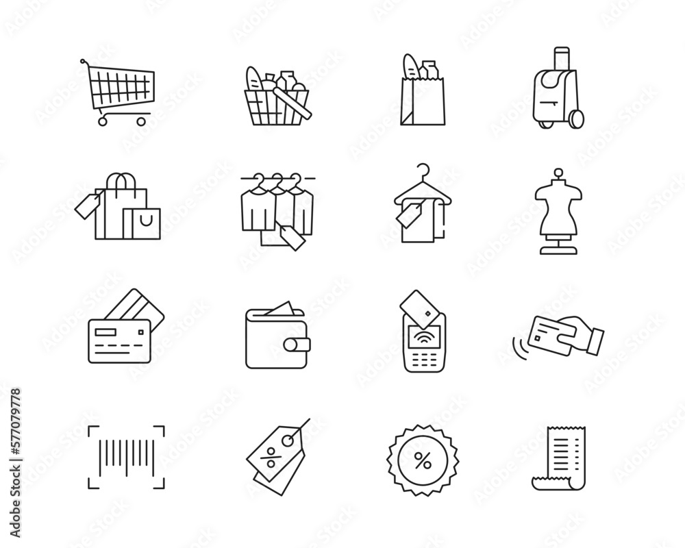 Shopping retail Icon collection containing 16 editable stroke icons. Perfect for logos, stats and infographics. Change the thickness of the line in Adobe Illustrator (or any vector capable app). Shopping retail Icon collection containing 16 editable stroke icons. Perfect for logos, stats and infographics. Change the thickness of the line in Adobe Illustrator (or any vector capable app).