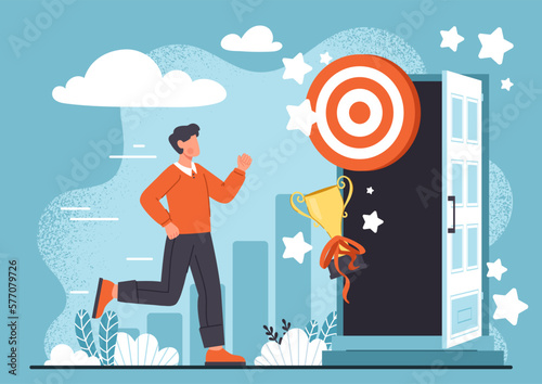 Achieving goal concept. Man runs towards goal. Motivation and leadership. Career ambitions and aspirations. Hard working entrepreneur or businessman. Cartoon flat vector illustration