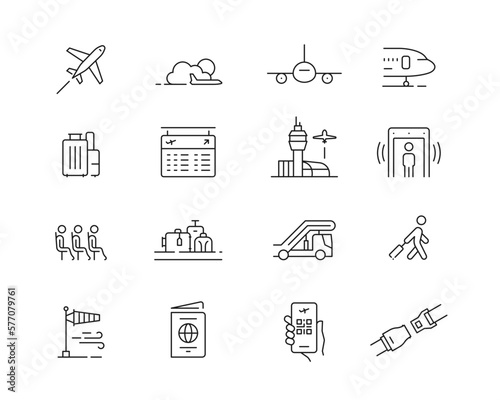 Air travel airport Icon collection containing 16 editable stroke icons. Perfect for logos, stats and infographics. Change the thickness of the line in Adobe Illustrator (or any vector capable app).