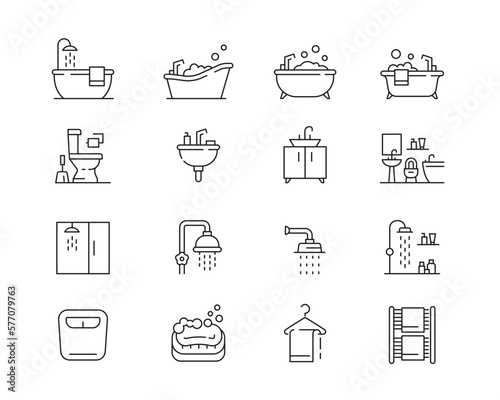 Bathroom Icon collection containing 16 editable stroke icons. Perfect for logos, stats and infographics. Change the thickness of the line in Adobe Illustrator (or any vector capable app).