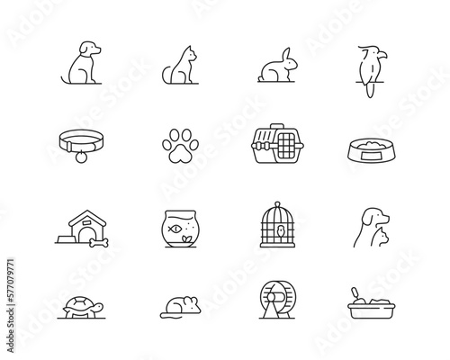 Pets Icon collection containing 16 editable stroke icons. Perfect for logos, stats and infographics. Change the thickness of the line in Adobe Illustrator (or any vector capable app).