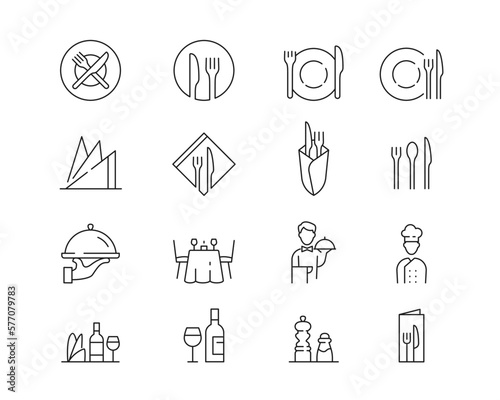 Restaurant Food Drink Icon collection containing 16 editable stroke icons. Perfect for logos, stats and infographics. Change the thickness of the line in Adobe Illustrator (or any vector capable app).