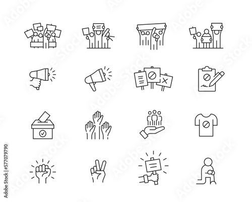 Protest and Strike Icon collection containing 16 editable stroke icons. Perfect for logos, stats and infographics. Change the thickness of the line in Adobe Illustrator (or any vector capable app).