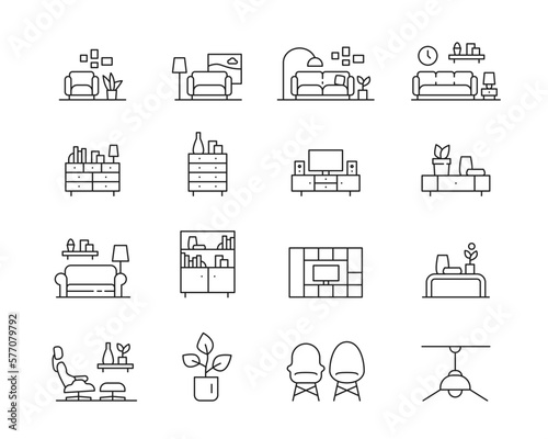 Living Room Lounge Icon collection containing 16 editable stroke icons. Perfect for logos, stats and infographics. Change the thickness of the line in Adobe Illustrator (or any vector capable app).