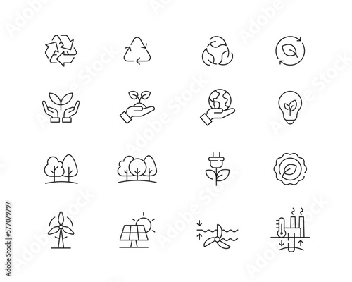 Sustainability Eco Icon collection containing 16 editable stroke icons. Perfect for logos, stats and infographics. Change the thickness of the line in Adobe Illustrator (or any vector capable app).