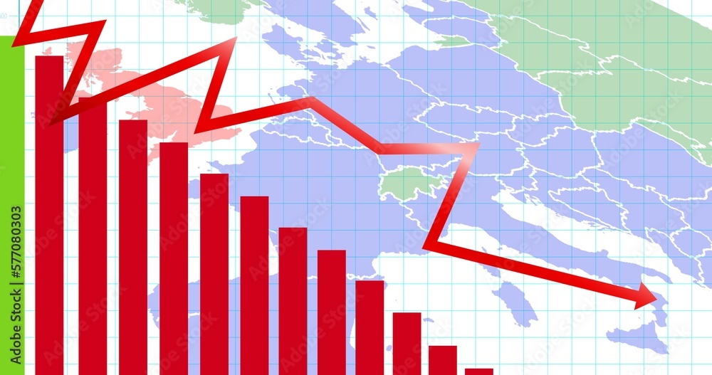 Digital composite image of downgrading pointing graph over red bars on european map Digital composite image of downgrading pointing graph over red bars on european map