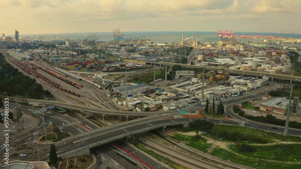 Haifa skyline Carmel panoramic aerial, industrial port, drone view, 4k Israel Haifa skyline Carmel panoramic aerial, industrial port, drone view, 4k Israel