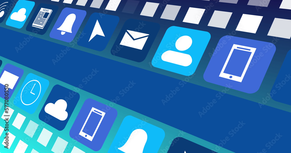 Image of digital online icons and blue stripe moving on blue background Image of digital online icons and blue stripe moving on blue background