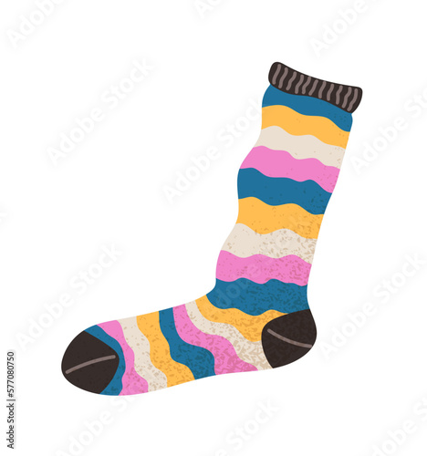 Striped bright stylish sock. Garment, wear and apparel. Aesthetics and elegance, fashion and style. Sticker for social networks and messengers. Cartoon flat vector illustration