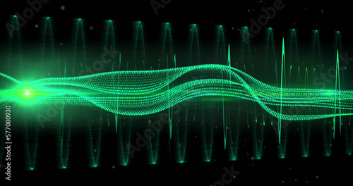 Image of green neon network of connections moving over black background