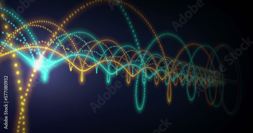 Image of neon network of connections moving over black background