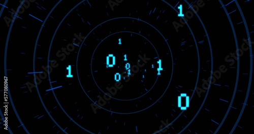 Image of binary coding over circles on black background