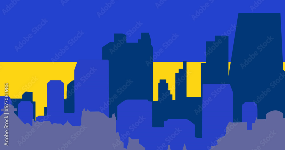 Image of cityscape over flag of ukraine