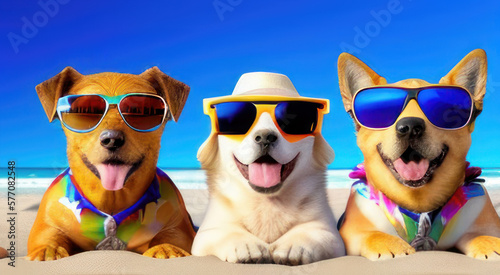 A group of dogs with sunglasses by the sea. AI Generative. © Purple_Monster