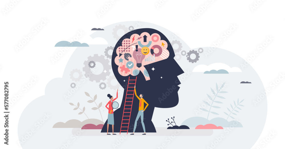 Genius and smart scientist with bright and talented mind tiny person concept, transparent background.Academical knowledge brain with creative skills illustration. - obrazy, fototapety, plakaty 