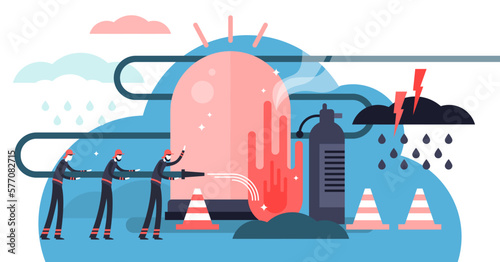 Emergency illustration, transparent background. Flat tiny firefighter rescue person concept. Safety equipment for danger protection. Red extinguisher and alert siren light.