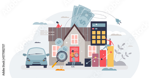 Energy bills and expensive payment for house utilities tiny person concept, transparent background. High cost for heating, electricity and water consumption illustration. © VectorMine