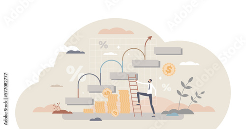 Financial increase and economical performance growth tiny person concept, transparent background. Successful business revenue as efficient money earning plan illustration.