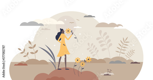 Floral smell for fragrance, hygiene and aromatherapy tiny persons concept, transparent background. Cosmetics with nature flavor and odor illustration. Fresh aroma for female nose.
