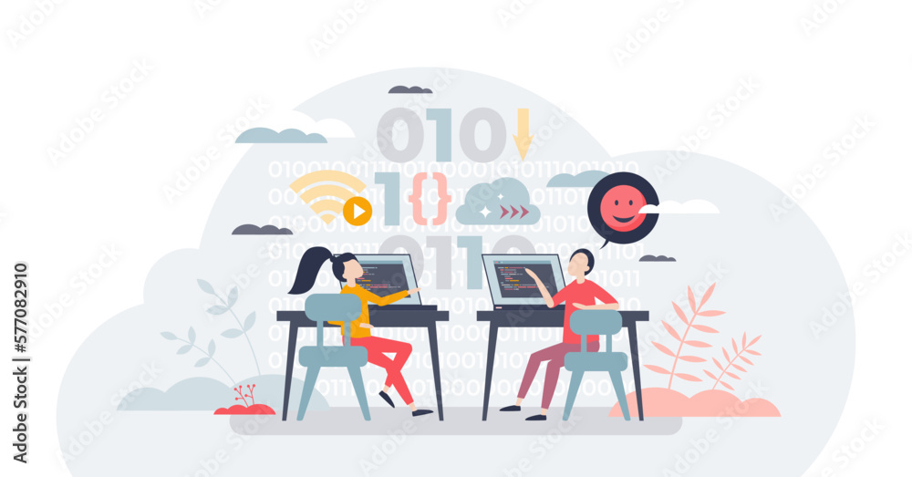 Coding for kids and programming learning from early age tiny person concept, transparent background. PHP, HTML or CSS language typing with simple tasks for children illustration.