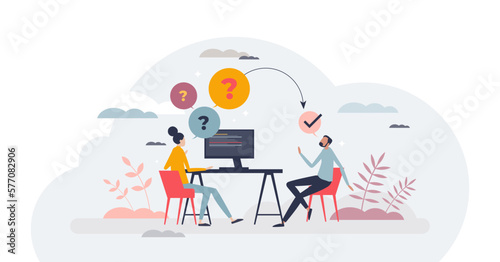 Job interview questions and candidate experience check tiny person concept, transparent background. Human resources work process with CV evaluation.