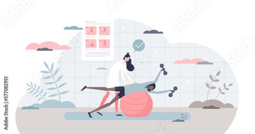 Medical exercise and physiotherapy as recovery fitness tiny person concept, transparent background. Rehabilitation after injury or trauma as body stretching and spine treatment illustration.