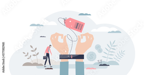 Modern slavery and forced work for payment or purchases tiny person concept, transparent background. Struggle with loan or mortgage as financial weakness and hopeless life illustration.