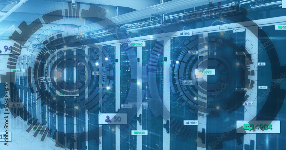 Image of data processing and scope scanning over server room Image of data processing and scope scanning over server room