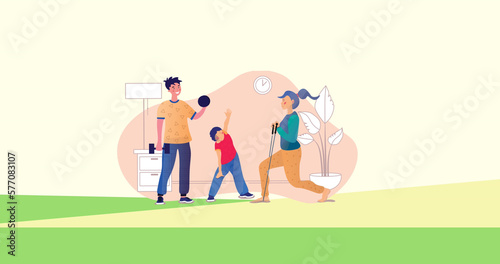 Image of family exercising at home on green background