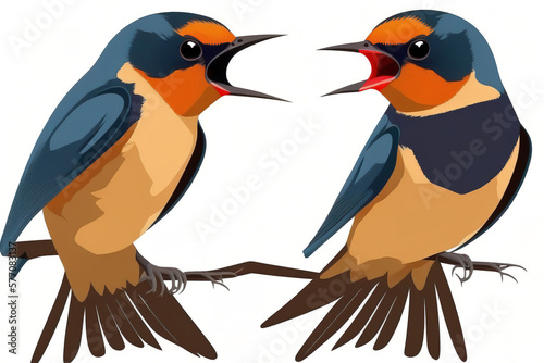 Two Pacific Swallow( Hirundo tahitica ) birds facing each other with open beak. Two birds talking. Generative AI photo