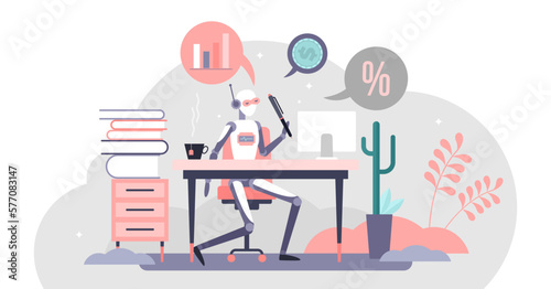 Accountant automation illustration concept, transparent background. Flat tiny calculation robot person. Company finance and tax work. Money management report and payment processing digital service.