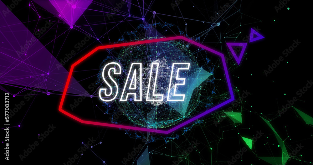 Image of sale over globe with connections and colorful shapes on black background Image of sale over globe with connections and colorful shapes on black background