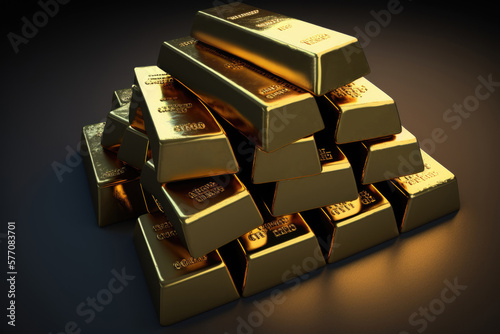Pile stack of gold bars, shiny, luxurious, treasure, wealth, AI generated