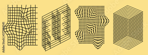 Abstract futuristic geometric distortions and meshes. Dotted and perspective grid textures. Vector illustration of warp shapes.
