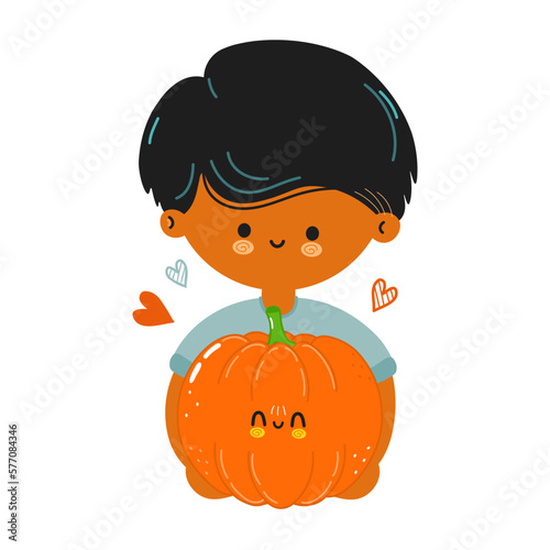 Young cute funny boy hold pumpkin in hand. Young boy hugs cute pumpkin. Vector hand drawn doodle style cartoon character illustration icon design. Isolated on white background
