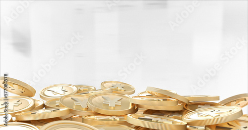 Image of financial data processing over yen coins on white background