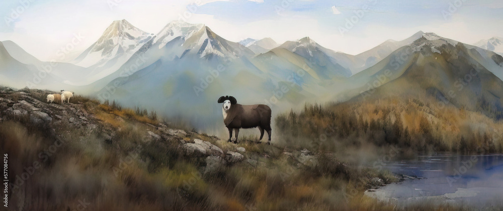 Watercolor mountain autumn pasture landscape with sheep. Panorama. Generative AI.