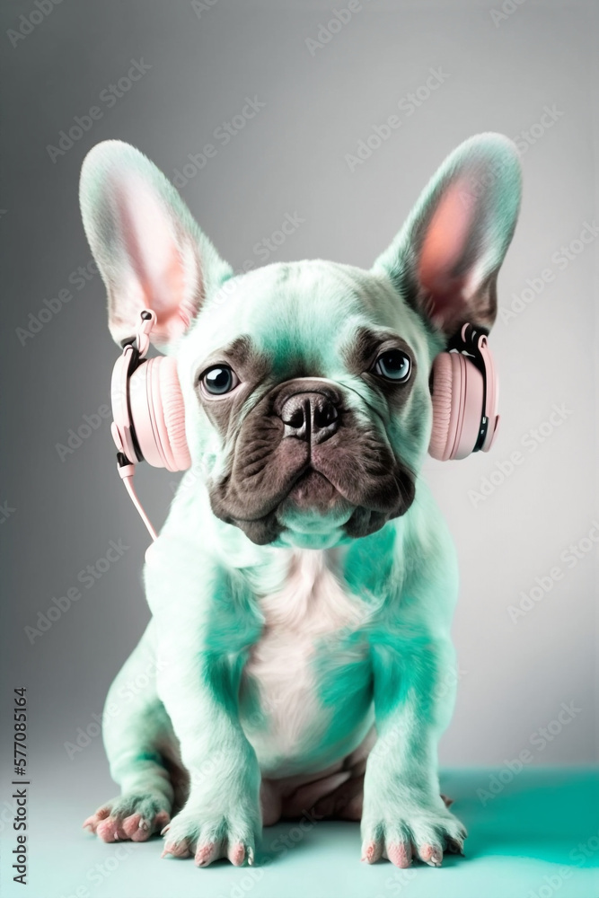 Generative ai illustration french bulldog dog listening music headphones