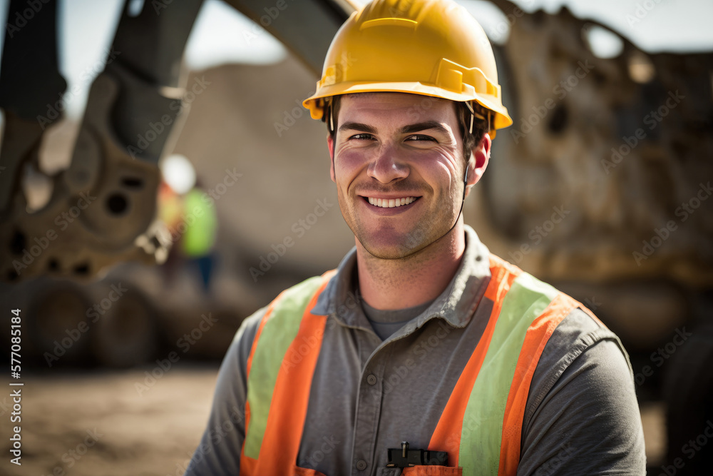 Portrait of happy engineer in a construction site, AI generated Portrait of happy engineer in a construction site, AI generated