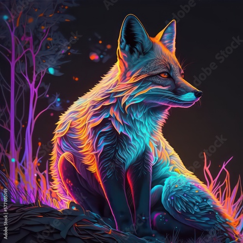 Neon drawing fox. Neon line art. Fox. Black background. Generative AI.