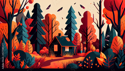 Cartoon illustration of a forest in autumn, generative Ai