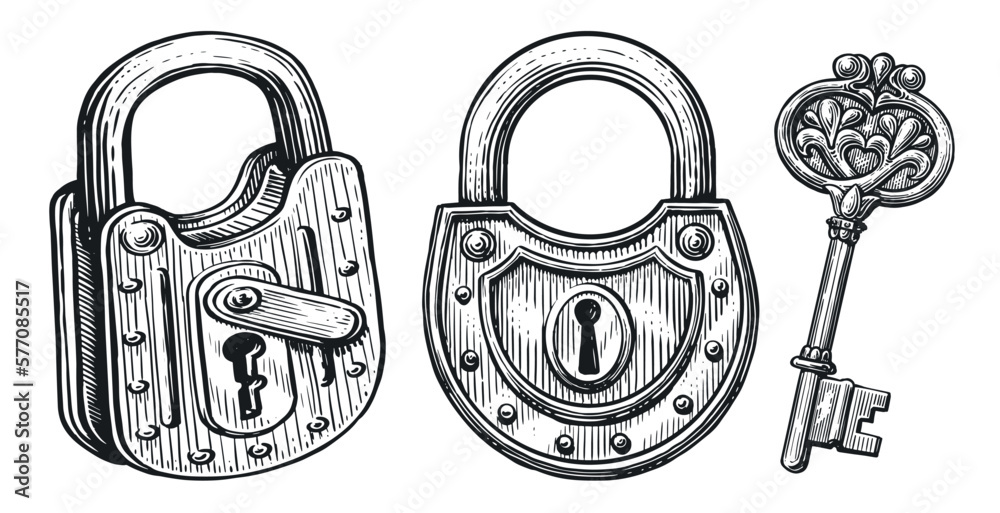 Key and lock, closed padlock set. Hand drawn vintage sketch vector  illustration Stock Vector