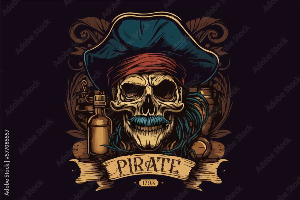 Fototapeta premium Skull Pirate rum vector illustration for t-shirt