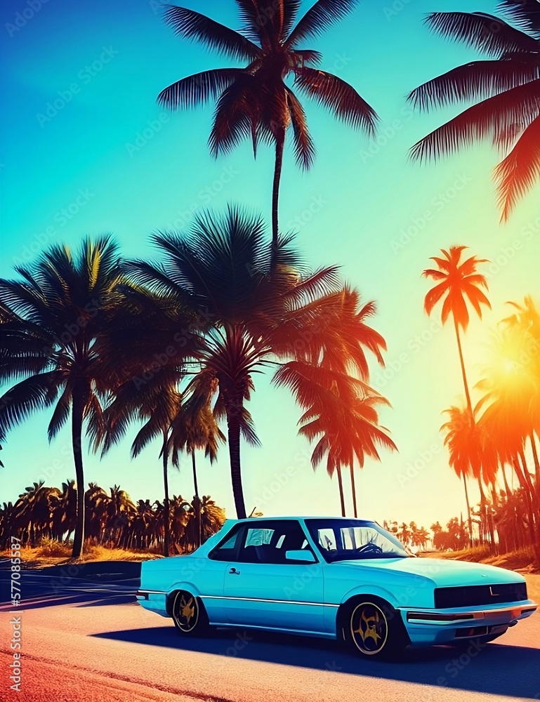 Retro car from the 90's with a view of the ocean and palm trees, travel concept, vacations, vacation, polaroid effect, generative ai	