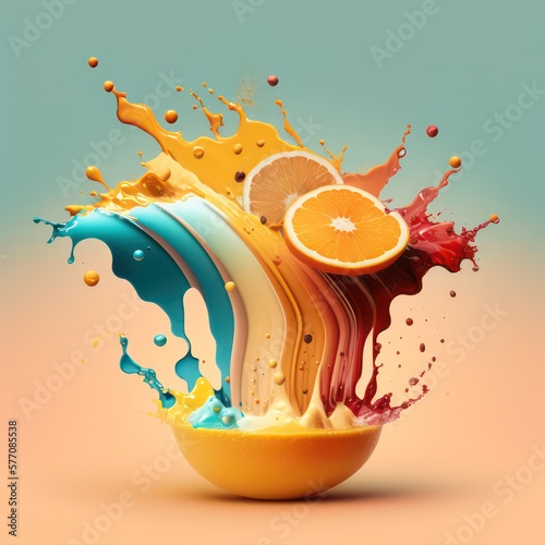 Fruit with abstract colourful liquid 3d illustration style. Generative AI. © SaraY Studio 