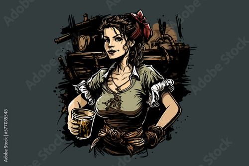 Girl vector illustration for t-shirt Pirate waitress